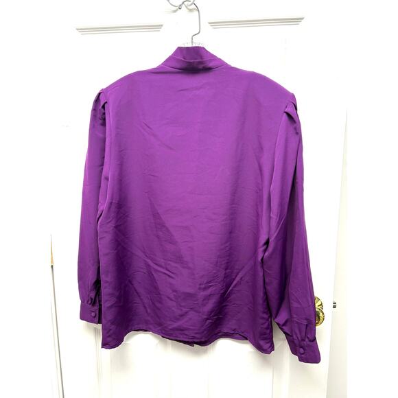 Vintage Sellecca Purple Blouse Padded Shoulders Puff Sleeves V-Neck Size 14 - Picture 2 of 7